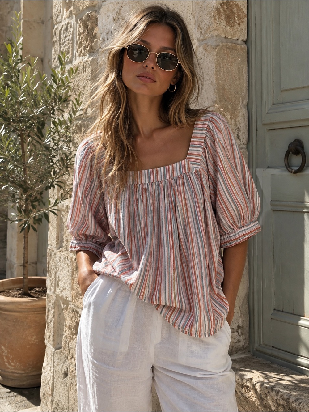 Westbound Woman 2X 100% Cotton Striped Boho Blouse NWT